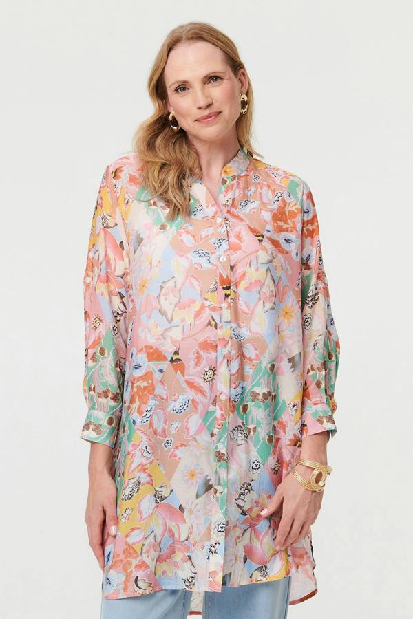 Pink | Floral V-Neck Long Sleeve Longline Shirt