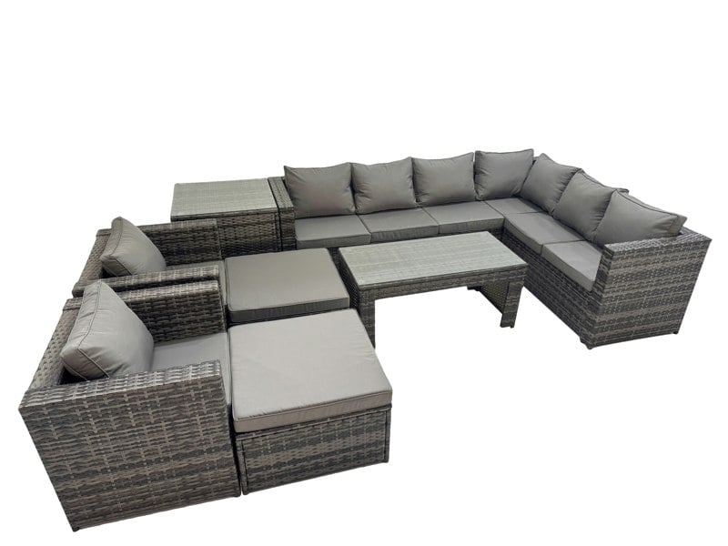 Fimous Outdoor Rattan Oblong Coffee Table Corner Sofa Sets Garden Furniture Set with 2 Chairs 2 Big Stools Side Table Dark Grey Mixed