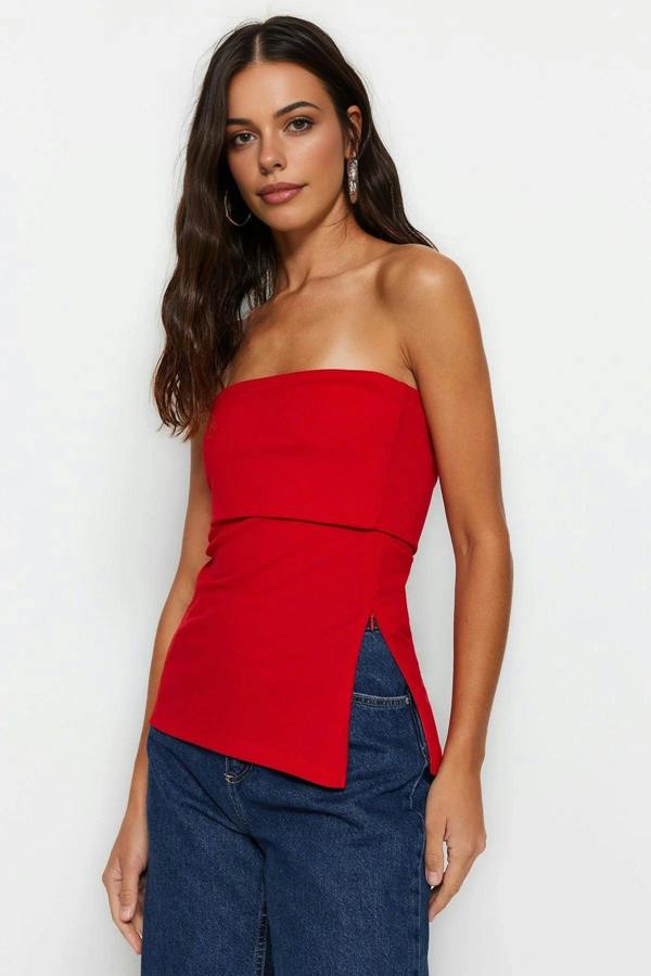 WOVCOR Strapless Neckline Side Zipper Crepe Knit Blouse