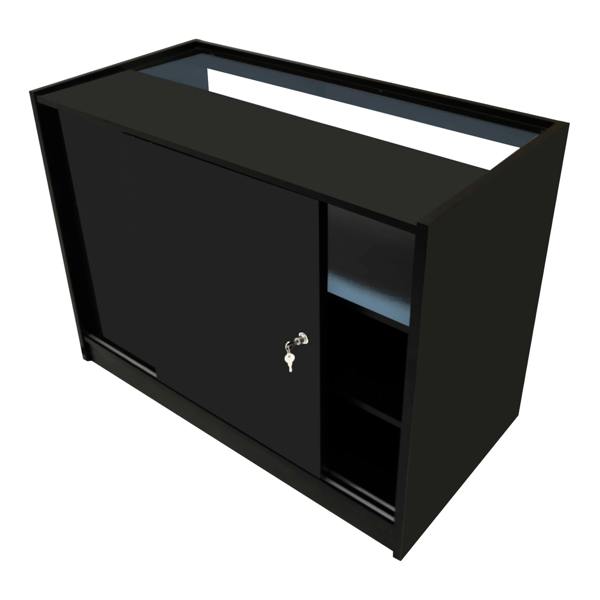 Demeter LED Shop Counter Set in sleek black, featuring a sliding door, open shelving, and a smooth surface for display and storage