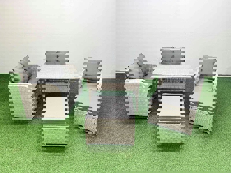 Fimous High Back Poly Rattan Garden Furniture Set - Light Grey Indoor/Outdoor Patio Set with Reclining Chair & Dining Table