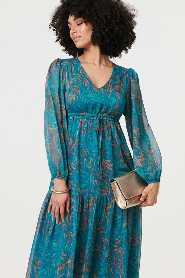 Teal | Leaf Print Sheer Tie Waist Maxi Dress
