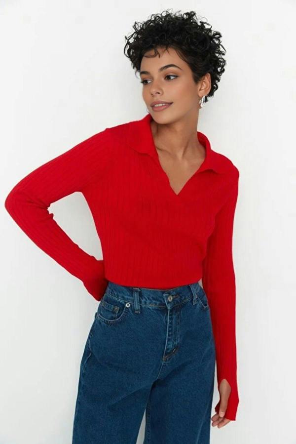 WOVCOR Polo Neck Knit Sweater with Finger Detail