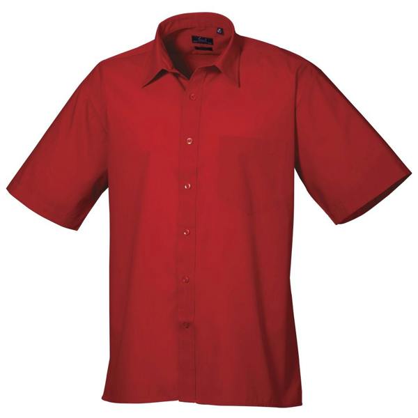 Premier Mens Short Sleeve Formal Poplin Plain Work Shirt - Red