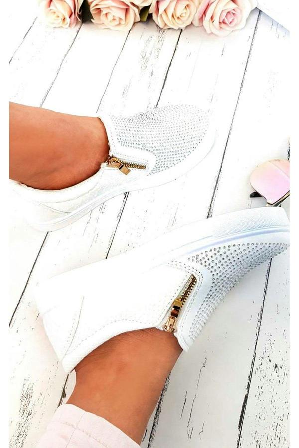 Leah Crystal Suede Zip Pumps Trainers - White