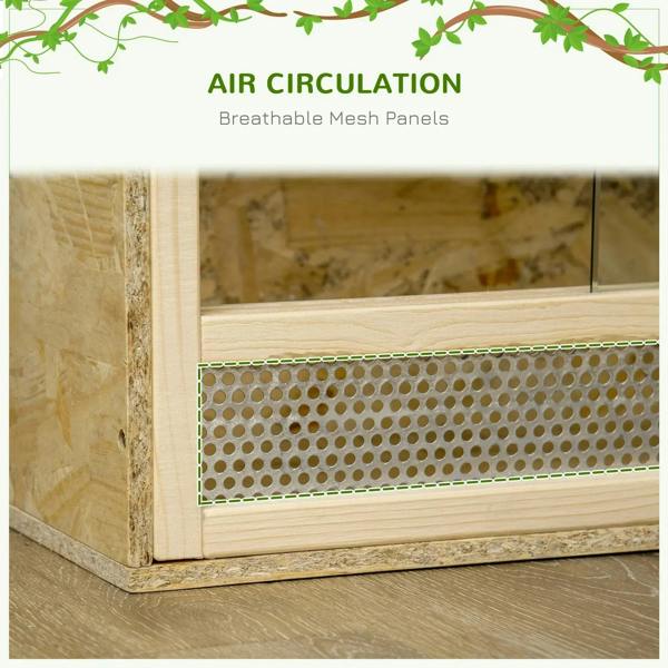 Reptile terrarium graphic highlighting breathable mesh panel for air circulation