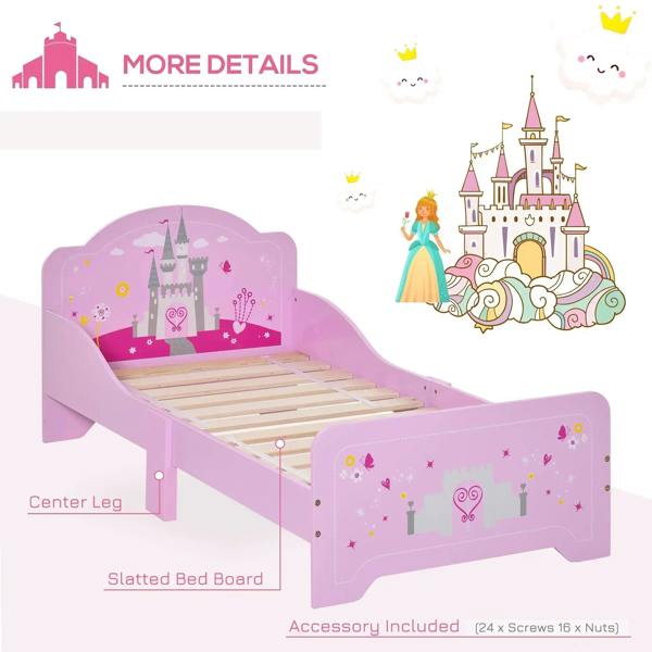 Pink kids princess castle bed with slatted board and cutout side details; accessory pack shown