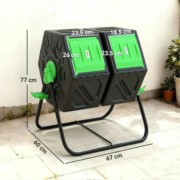 Black dual-chamber tumbler compost bin with green side lids and standing base frame