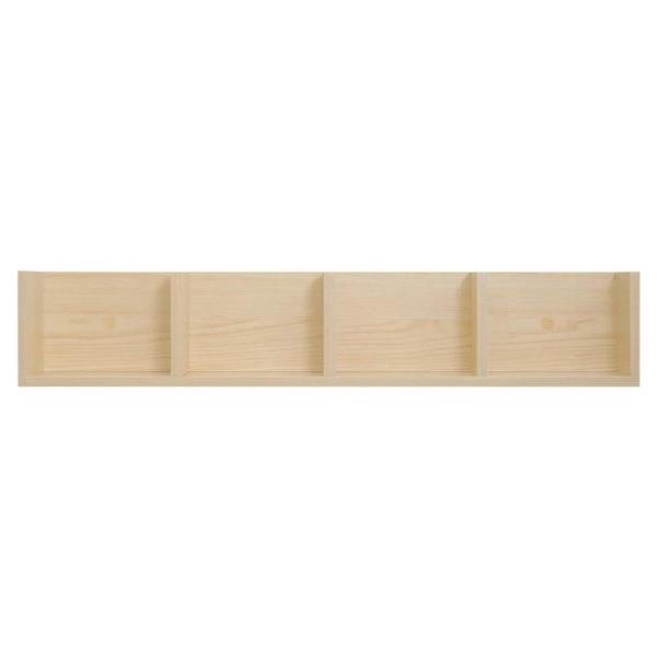 Natural wood wall-mounted organizer shelf with four open cubes, media storage
