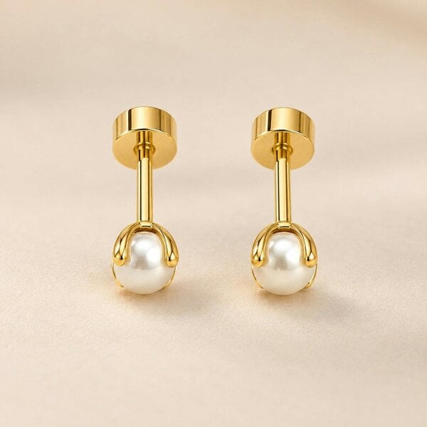 The Colourful Aura 18ct Gold Plated Tiny 5mm White Pearl Flat Back Stud Earrings