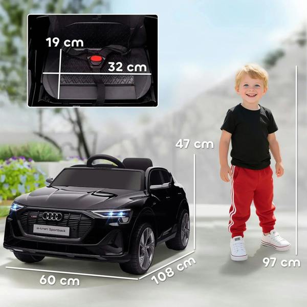 Black electric ride-on car with seat, steering wheel, and size diagram