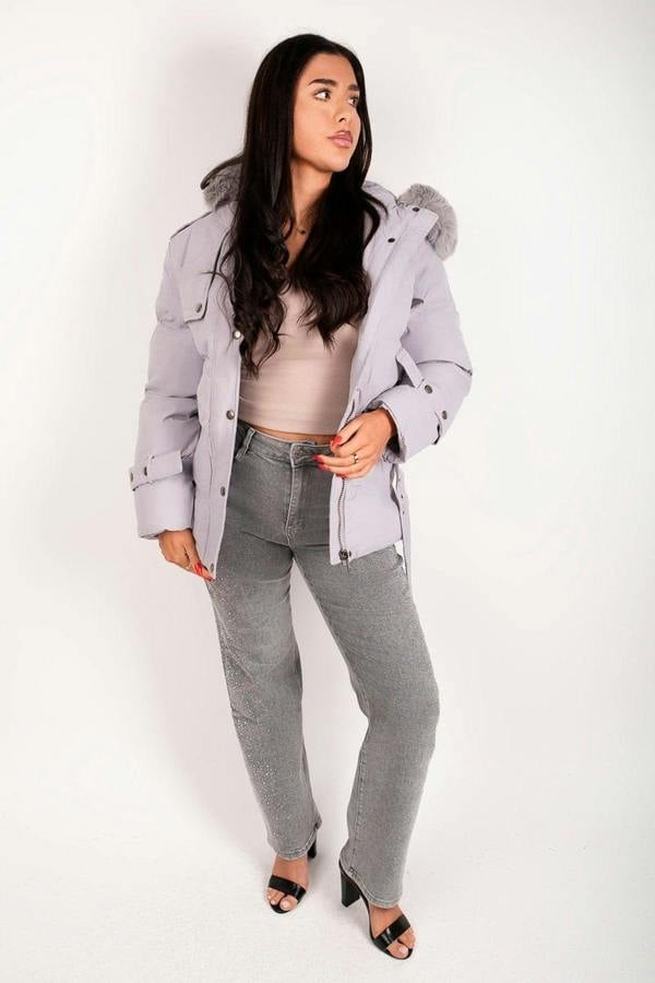 Serelina Belted Puffer Jacket With Faux Fur Hood - Beige