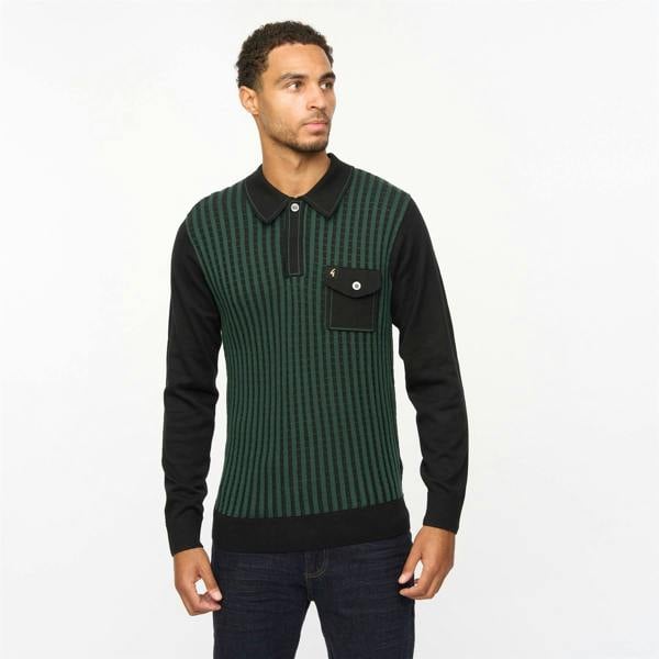 Gabicci V55GM10 Mens Hansen Long Sleeve Knitted Three Button Polo Gabicci Vintage - BLACK