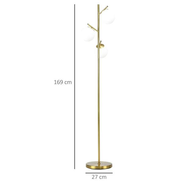 Gold standing floor lamp with three round globe shades and round foot base