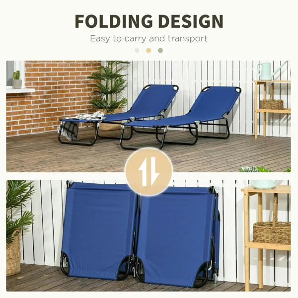 Set of two blue folding sun loungers that fold for compact transport with carry bag