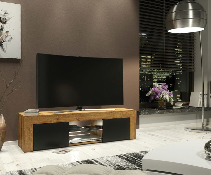 Mex Furniture 130cm Oak TV Unit Sideboard Cabinet with Black Matt Doors and Free LED Lights