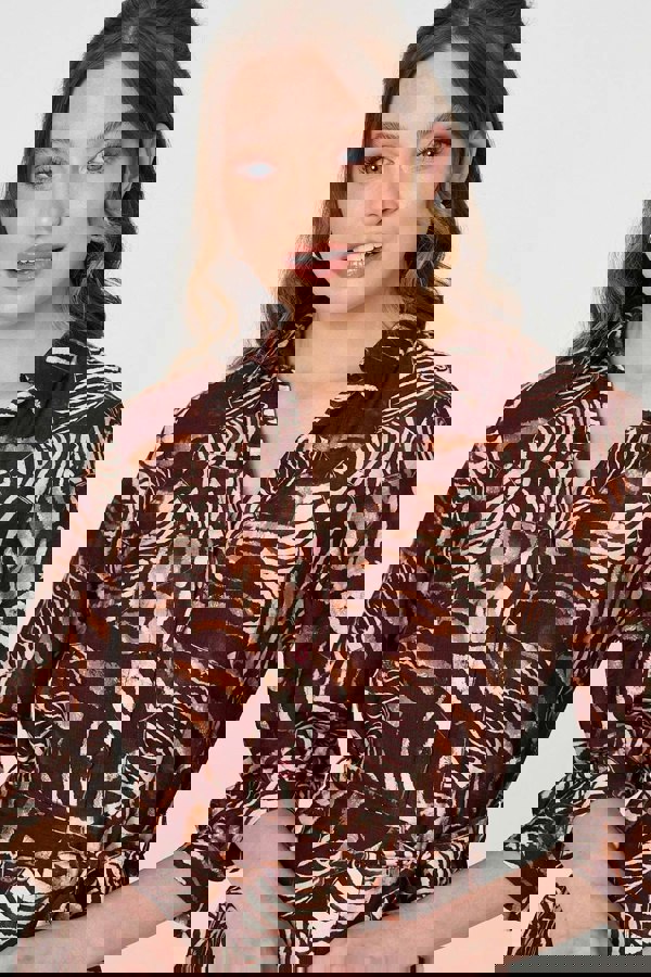 Brown | Animal Print Tie Waist Shirt Short Dress
