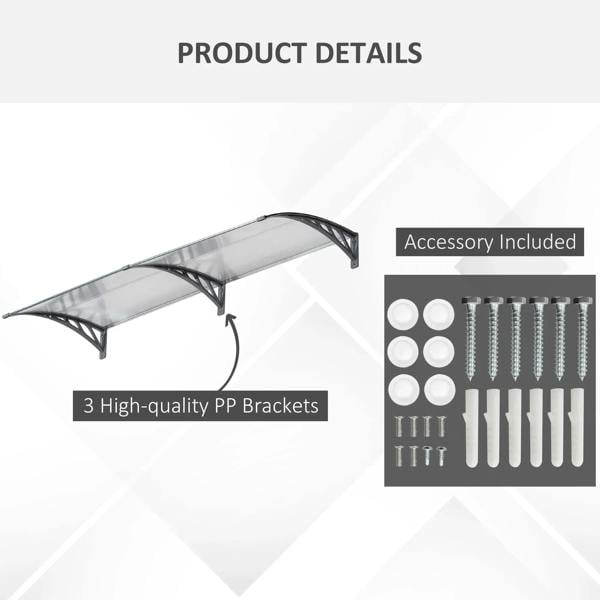 Front door canopy awning kit with clear polycarbonate cover and gray PP bracket supports