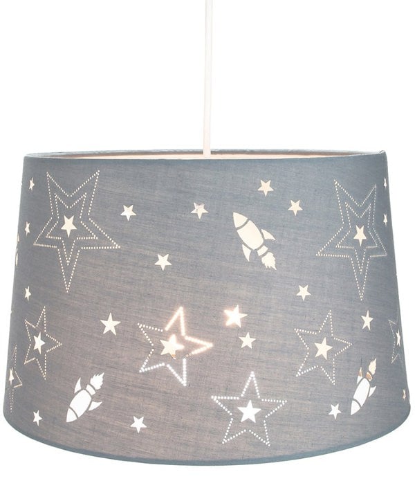 Fun Rockets and Stars Childrens/Kids Grey Cotton Bedroom Pendant or Lamp Shade Image 1