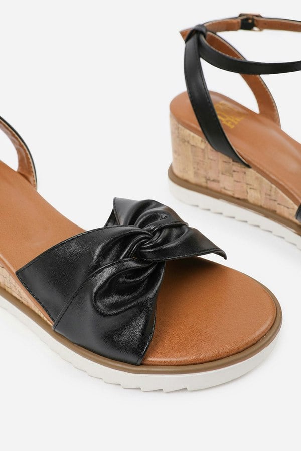 Where's That From Katara Knot Detail Wedge Shoes With Buckle Ankle Strap in Black Pu