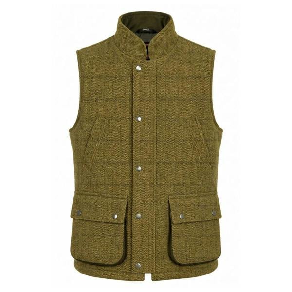 Game Ascot Men's Derby Tweed Gilet front view in olive tweed with large cartridge pockets and stand collar.