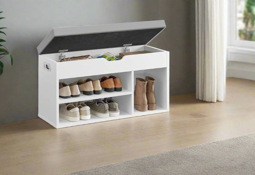 Modcraft White Shoe Storage Bench with Cushion, Hidden Compartment & 3 Shelves, 150kg Capacity