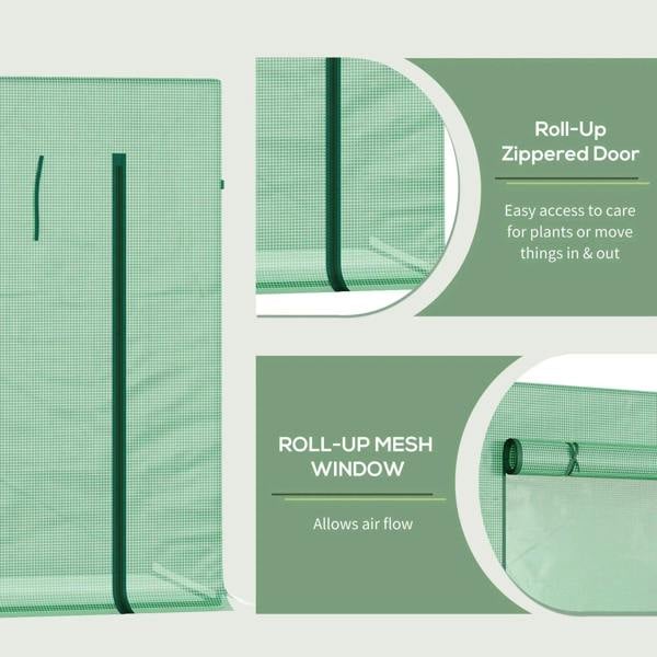 Roll-up zipper door and roll-up mesh window on green greenhouse cover, steel frame