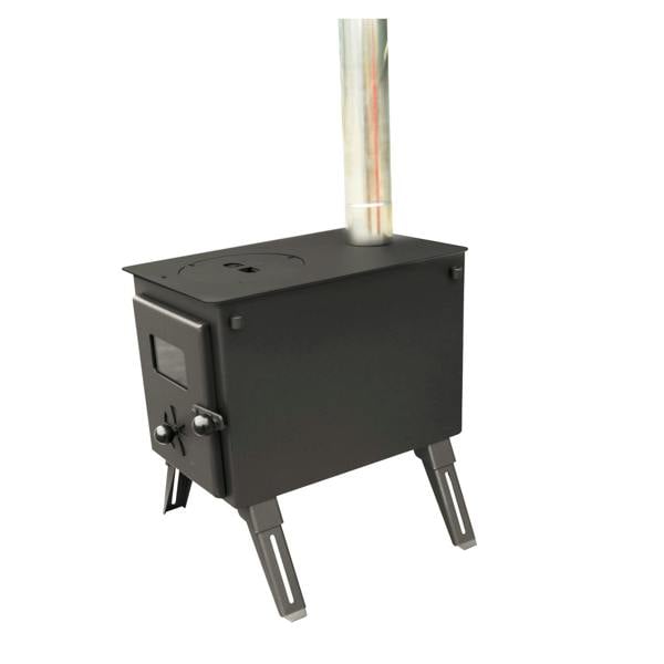 Black metal stove with a chimney on a white background