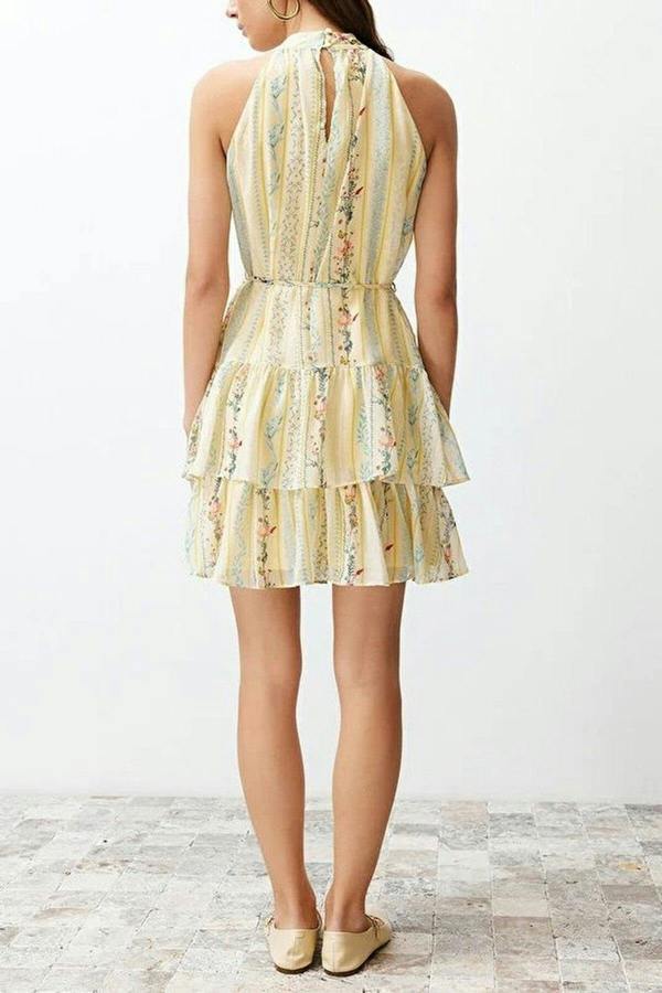 WOVCOR Floral Pattern A-Line Lined Chiffon Flowy Woven Mini Dress