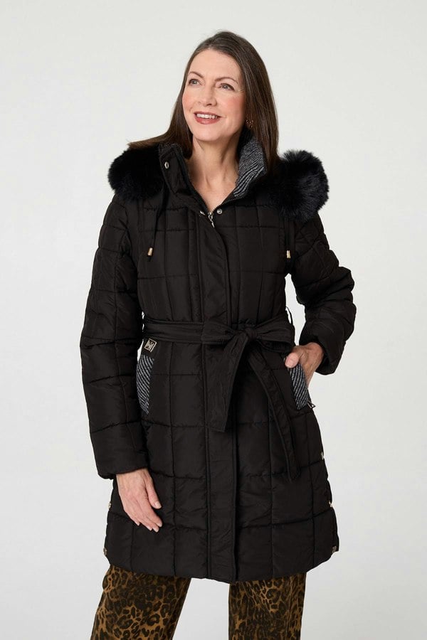 Black | Faux Fur Hood Textured Puffer Jacket
