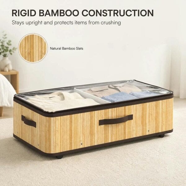Bobobiy 72L Under Bed Storage with Wheels Pack of 2, Underbed Storage Box with Clear Lid Cover and Reinforced Handle, Natural