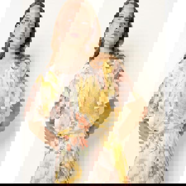 Blue Vanilla Pleated Scoop Neck Short Sleeve Floral Dress