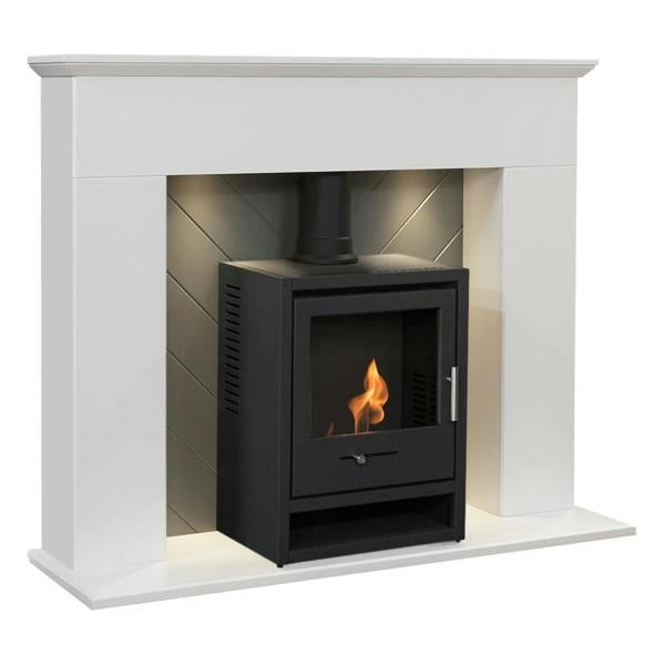 Adam Corinth Stove Fireplace in Pure White & Grey with Downlights & OKO S1 Bio Ethanol Stove in Charcoal Grey, 48 Inch