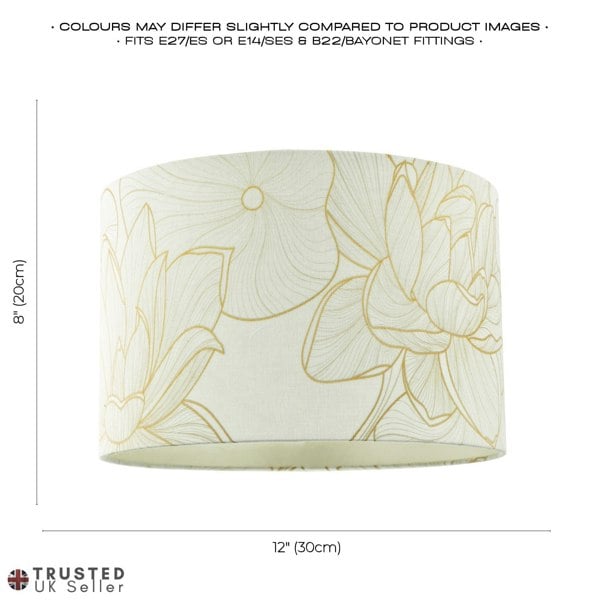Designer Cream Linen Fabric 12 Inch Lampshade with Large Shiny Gold Foil Flowers Image 7