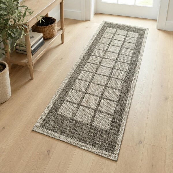Viva Rugs Non-Slip Taupe Brown Beige Rug Checkered Border Design Flat Weave Kitchen Dining Room Living Room Area Mat