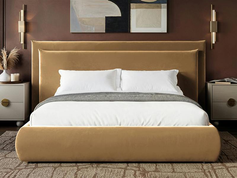 SOLACE+CO Sigrid Sand Velvet Cushion Headboard Ottoman Bed