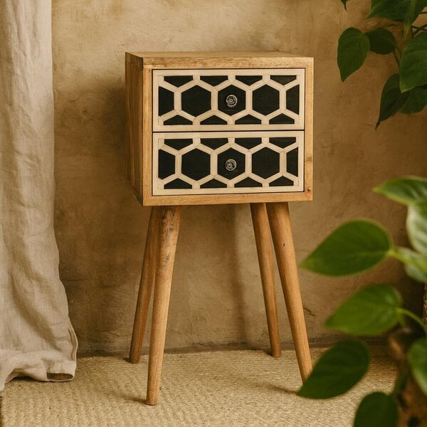 Wyld Haus Valeggio Mini Mango Wood and Bone Inlay Bedside Table 2 Drawer