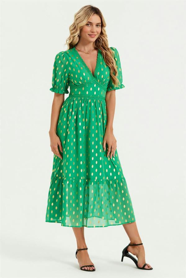 FS Collection Lace Trim Foil Midi Dress In Green