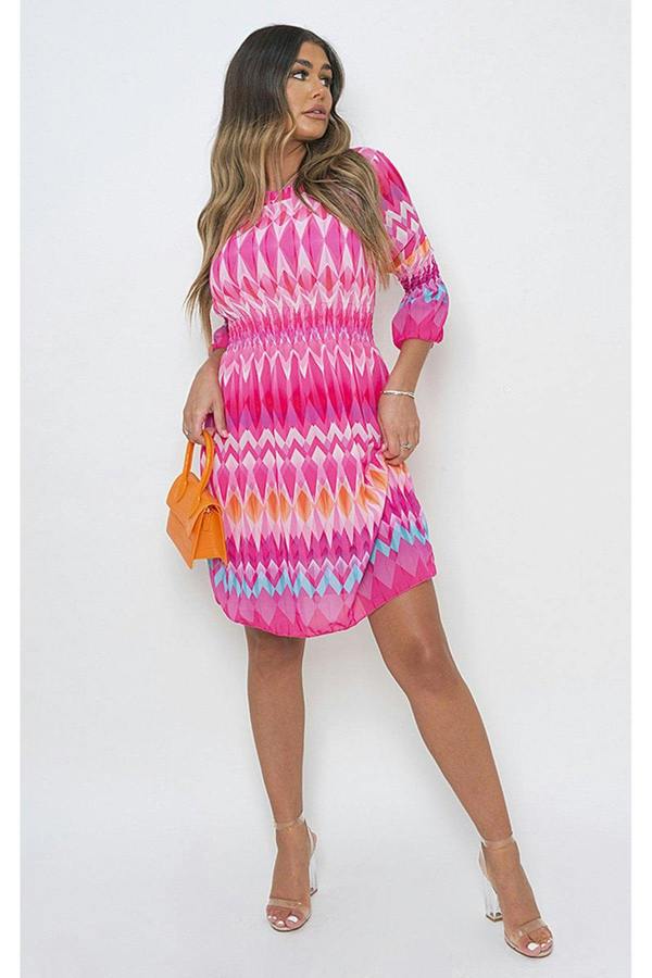 Bridget Printed Mini Dress With Elastic Waist - Pink