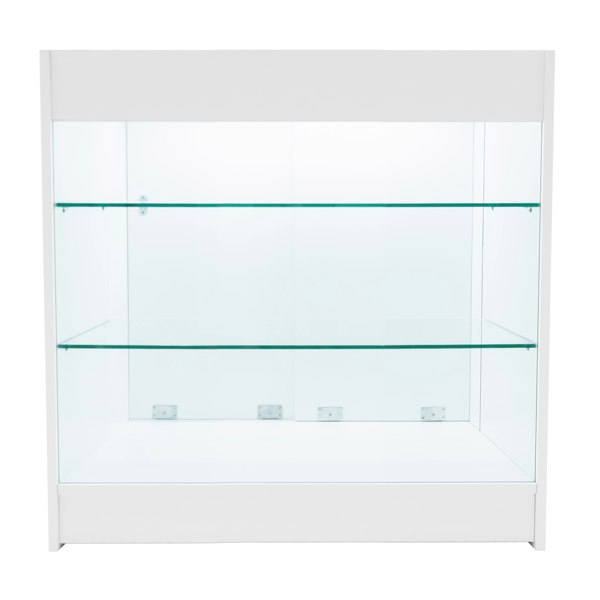 White Aries LED shop counter set featuring a sleek design with glass shelves, ideal for showcasing products in retail spaces