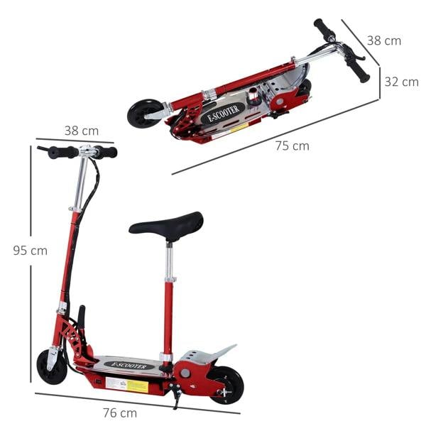 Red foldable electric scooter with black seat, wheels, and handlebar