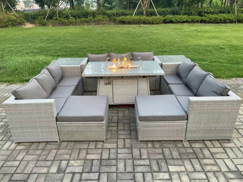 Fimous Rattan Outdoor Garden Furniture Set with Gas Fire Pit Dining Table, 3 Sofas, 2 Side Tables, 2 Large Footstools - 11 Seater - Light Grey