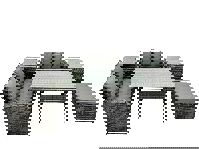 Fimous 5 Seater Wicker PE Rattan Furniture Outdoor Dining Table Double Seat Sofa 2 Side Table Big Stool Set Dark Grey Mixed