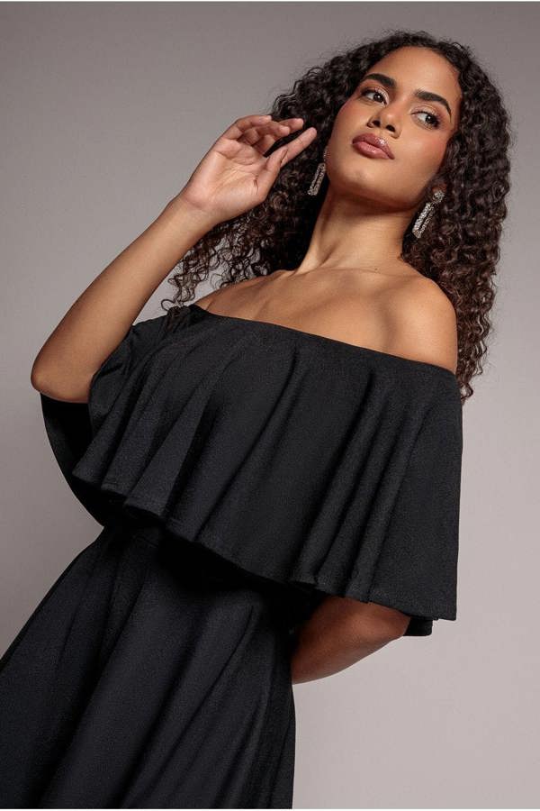 Off The Shoulder Frill Neck Skater Playsuit - Black TR30B