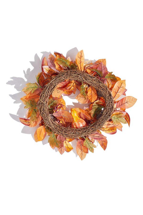 Living and Home 50cm Artificial Fall Wreath for Front Door Magnolia Leaf Wreath with Curved Pumpkin, Pine Cone, Acorn, Berry for Halloween Home Decor