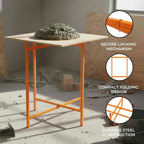 Mortar board stand with a sturdy orange steel frame, featuring a secure locking mechanism and a compact folding design, ideal for construction use