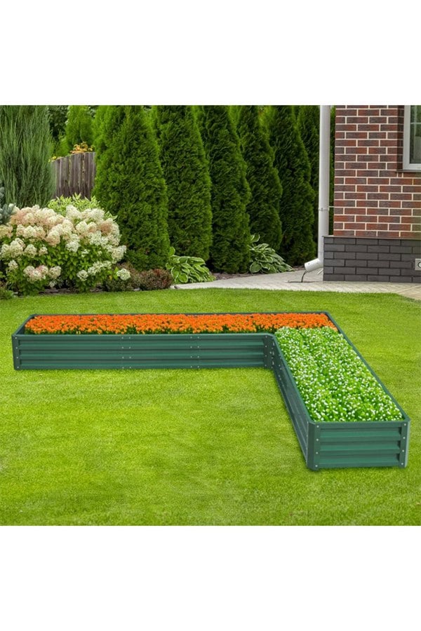 Living and Home L-Shaped Galvanized Steel Raised Garden Bed Dark Green