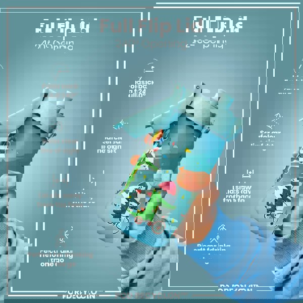 A light-blue water bottle, with a 240° flip lid, is held in a hand. The bottle features a cartoon crocodile design. The text reads: "Full Flip Lid 240° Opening," "Folds back a full 240°," "Safer clear line of sight," "Lid sits away from the face," "Perfect for drinking on the go," and "POD RECYCLON™".