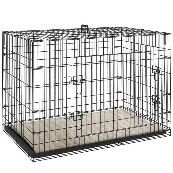 Foldable black wire dog crate with two doors, removable tray, and beige soft cushion