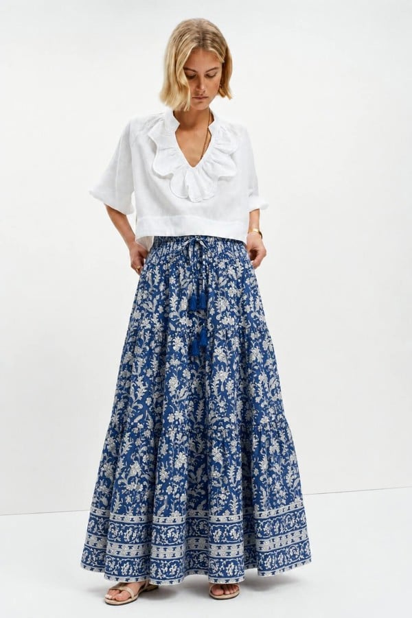 Blue Brianne Woodblock print skirt with border
